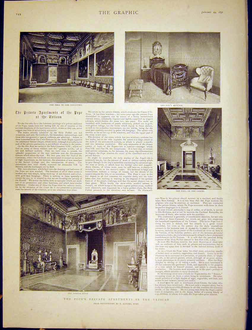Original Old Antique Print Pope Private Apartments Vatican Rome Italy 1898 19th