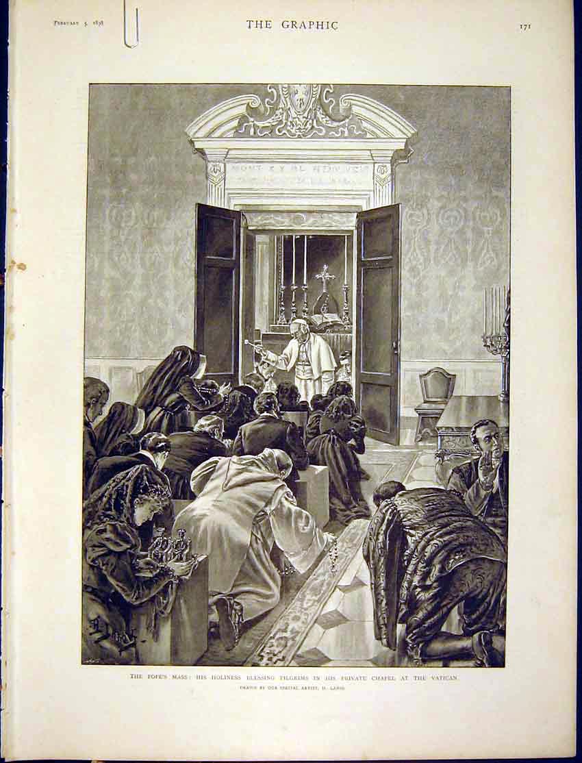 Original Old Antique Print Pope Mass Blessing Pilgrims Vatican Rome Italy Lanos