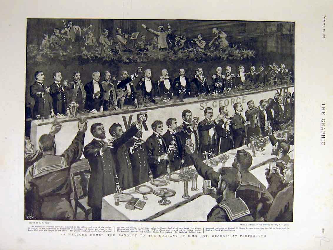 Original Old Antique Print Portsmouth Hms Company Banquet Zola Trial Paris Peel