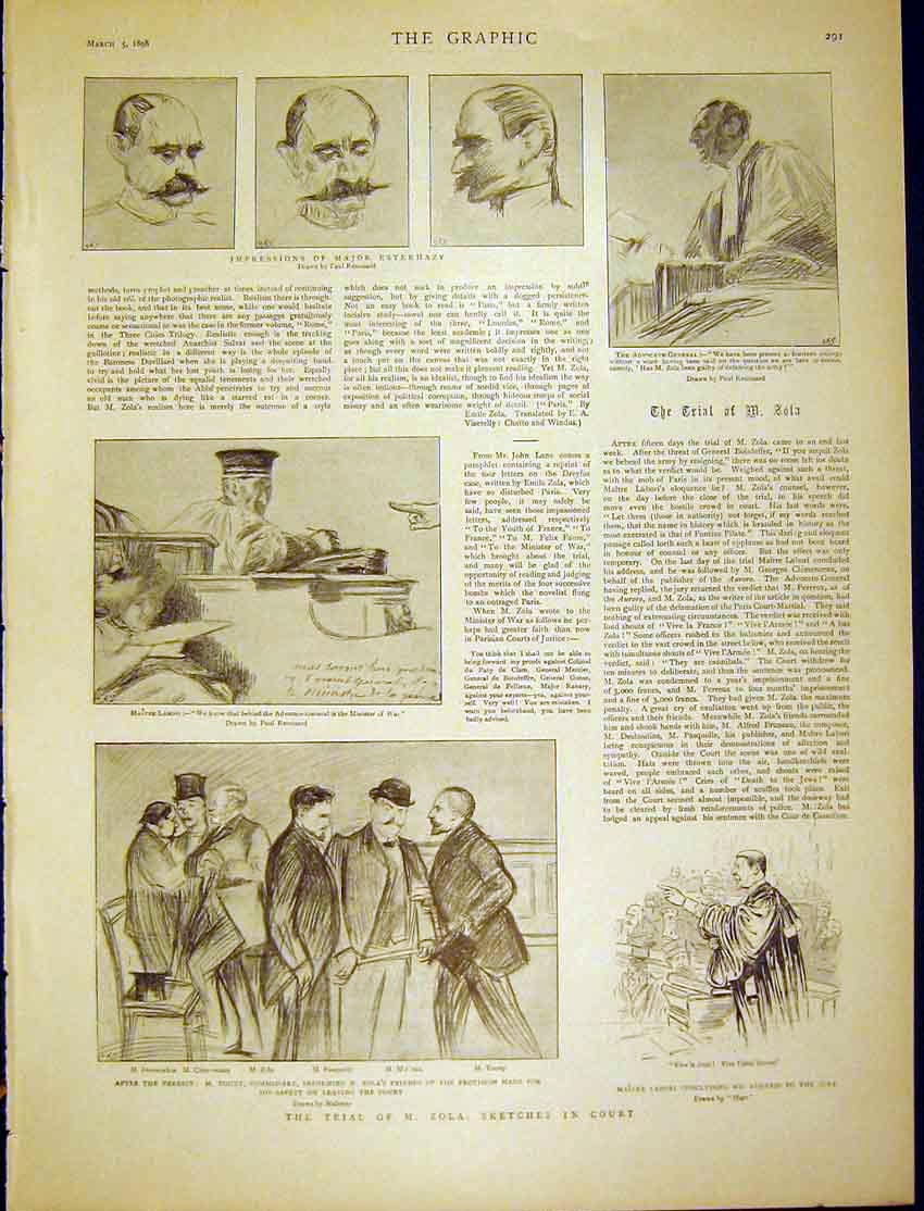 Original Old Antique Print Trial Zola Sketches Court Paris Esterhazy Labori 1898