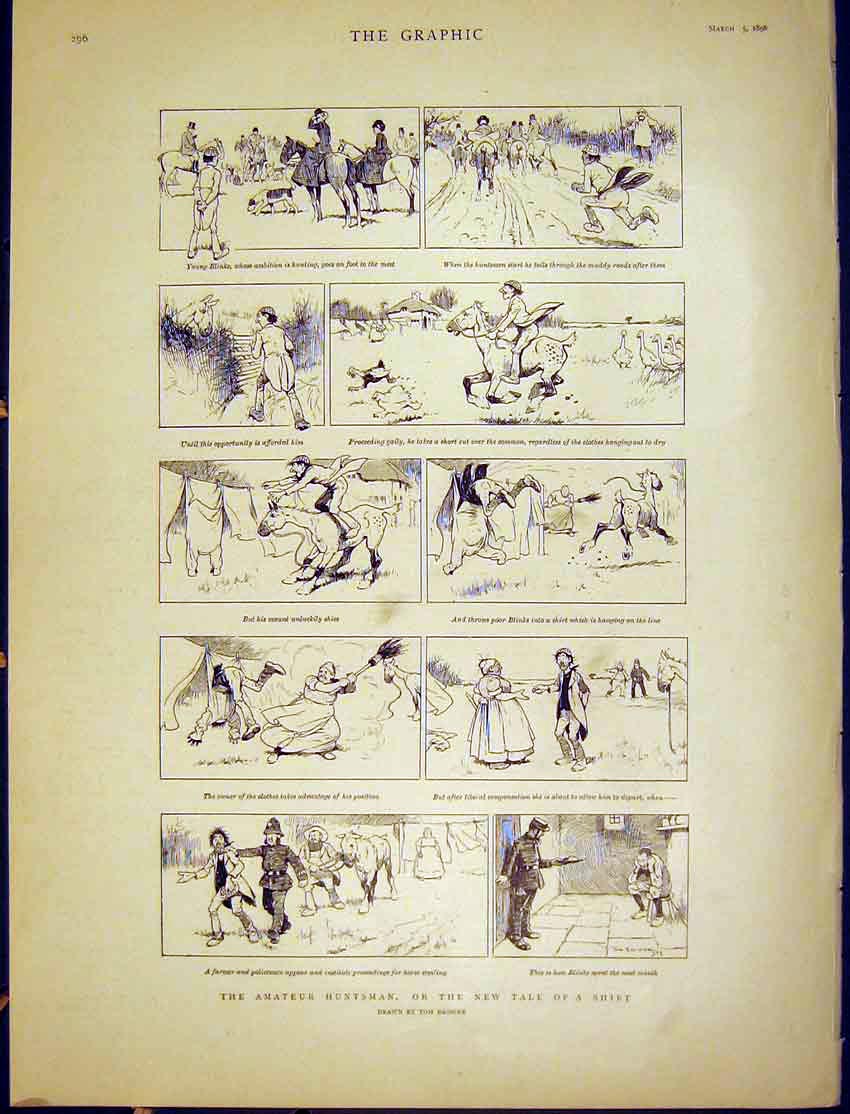 Original Old Antique Print Sketches Amateur Huntsman Browne Blinks 1898 19th