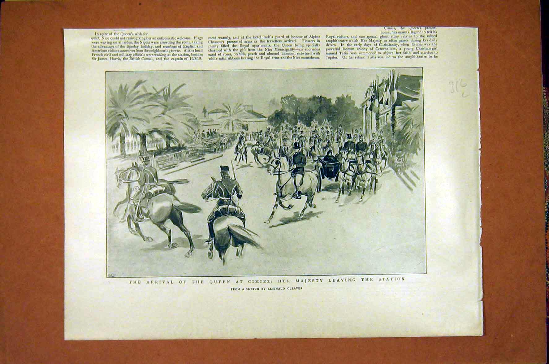 Original Old Antique Print Cimiez Station Queen Nice Royal Visit 1898 Victorian