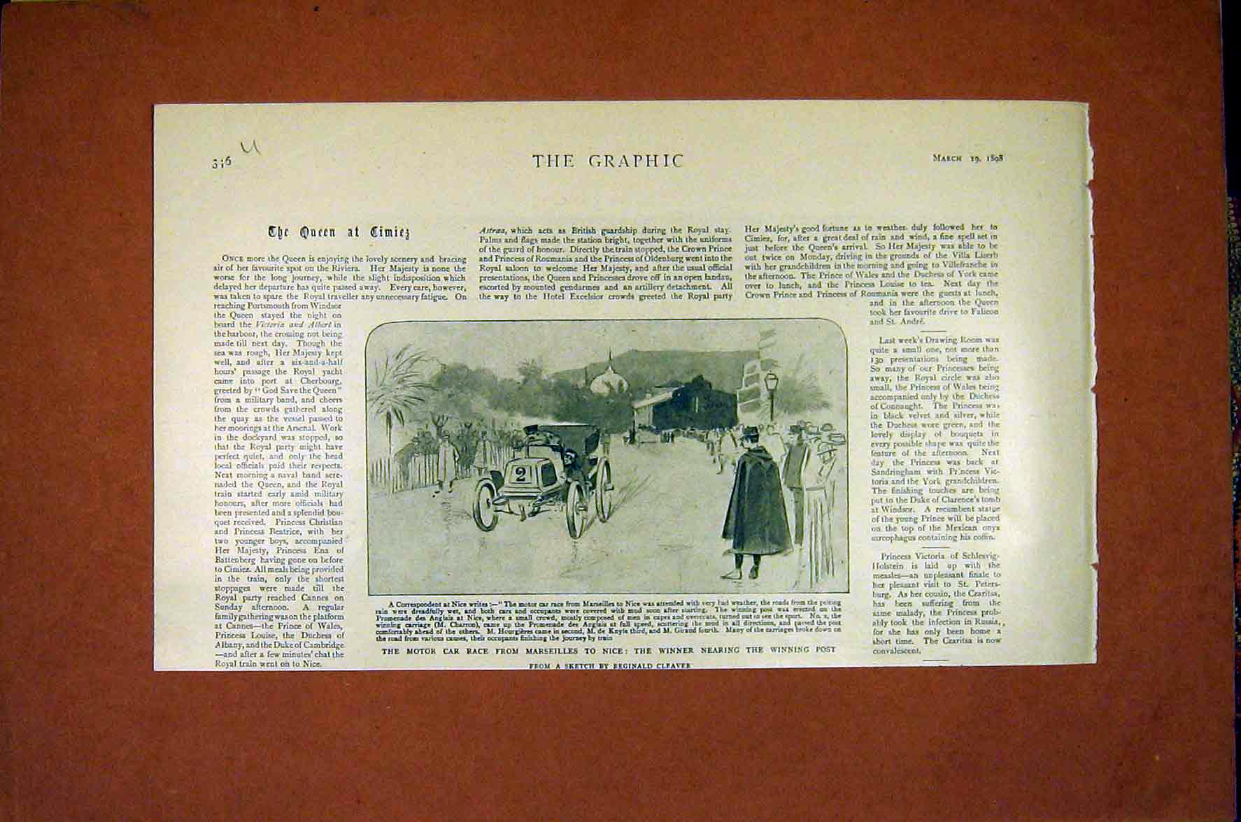 Original Old Antique Print Motor Car Race Marseilles Nice Cleaver Sketch 1898