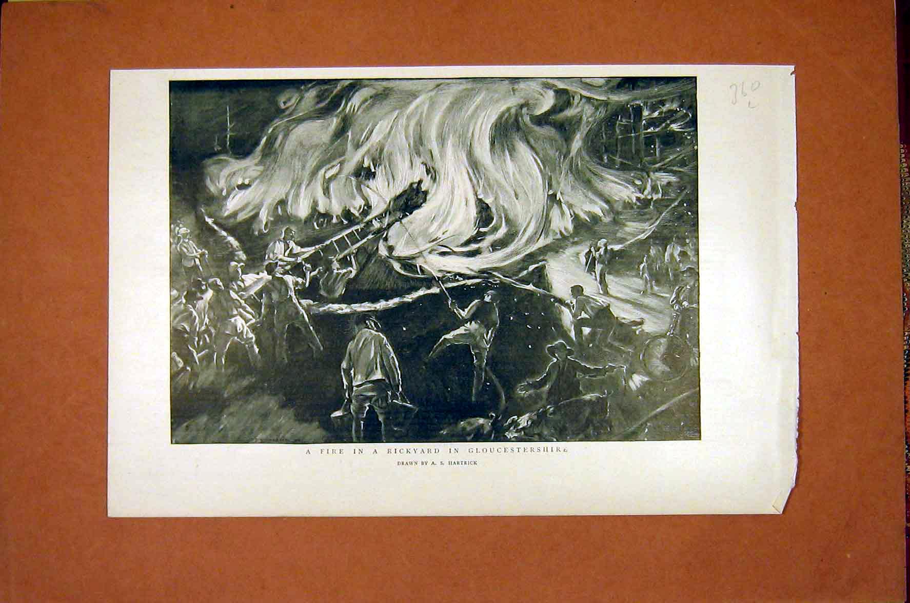 Old Antique Print Fire Brick-Yard Gloucestershire Hartrick Firemen 1898 19th