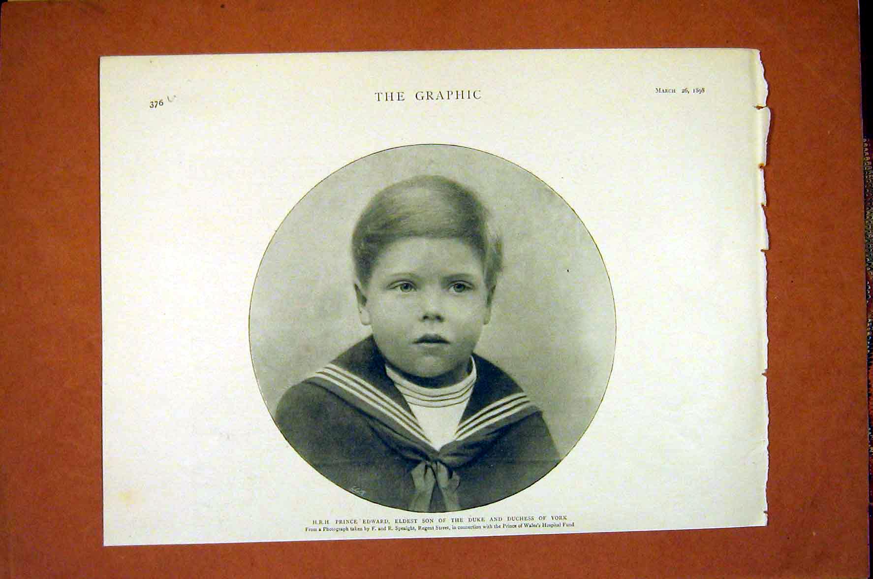 Original Old Antique Print Portrait Photo Prince Edward Duke York 1898 19th