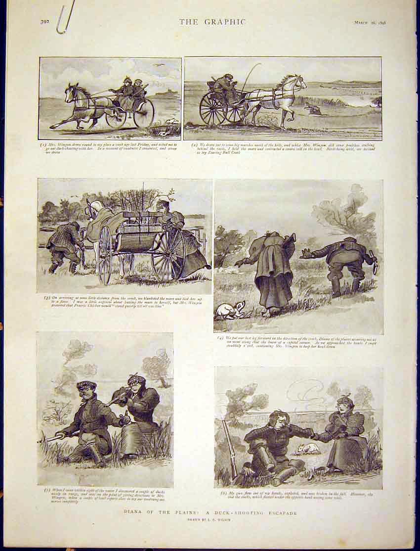 Original Old Antique Print Diana Plains Duck-Shooting Escapade Sketches Wilson