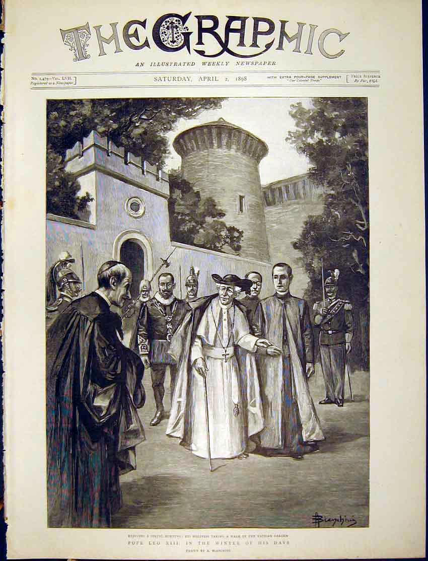 Original Old Antique Print Pope Leo Xiii Vatican Garden Rome Italy 1898 19th