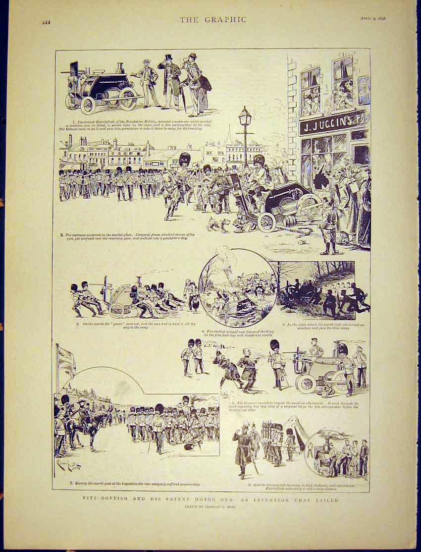 Original Old Antique Print Motor Gun Invention Patent Fitz-Ooftish Pott Sketch