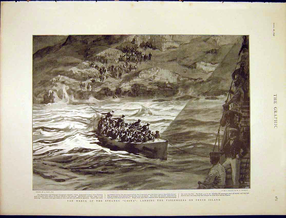 Original Old Antique Print Wreck Steamer China Passengers Perim Island 1898 19th
