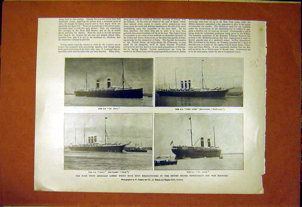 Original Old Antique Print American Liners Navy Ships Soudan Atbara Zariba 1898