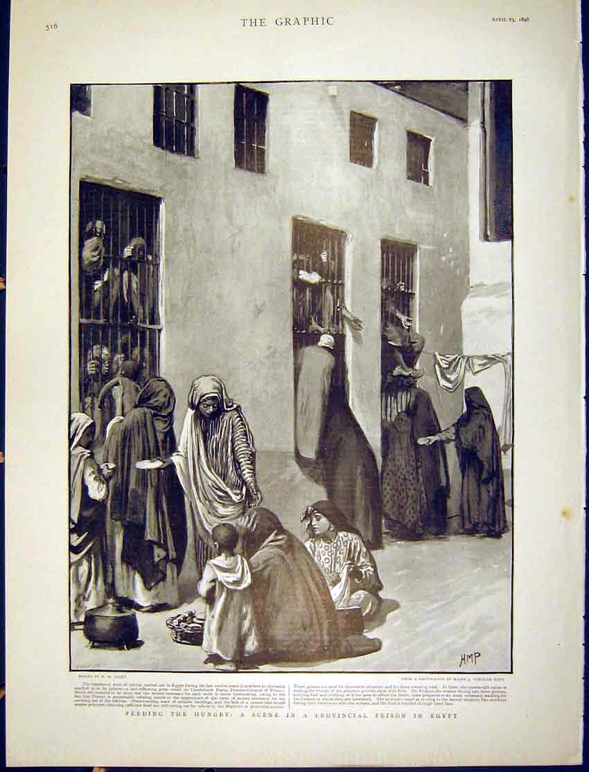 Original Old Antique Print Feeding Hungry Scene Provincial Prison Egypt 1898