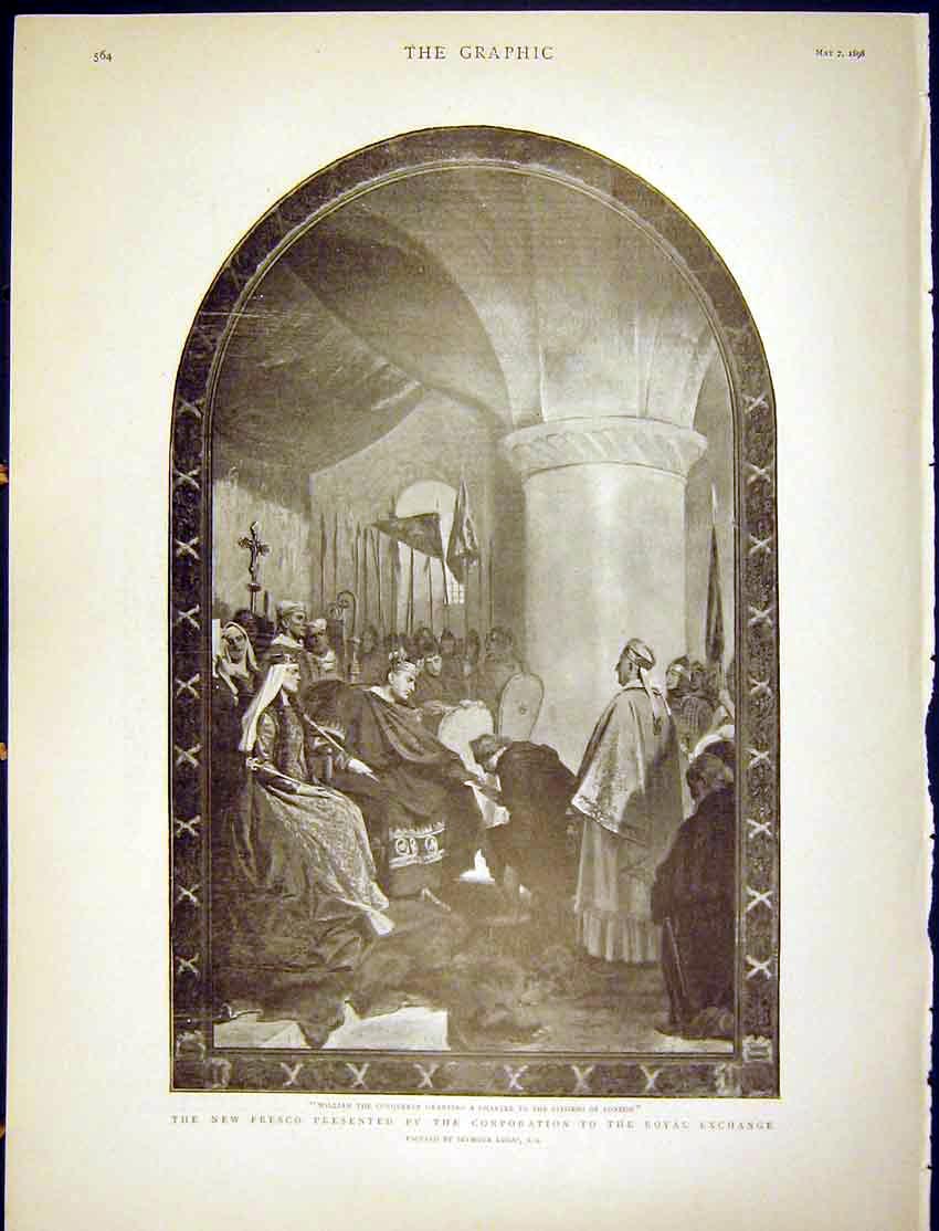 Original Old Antique Print Fresco Corporation Royal Exchange William Conqueror