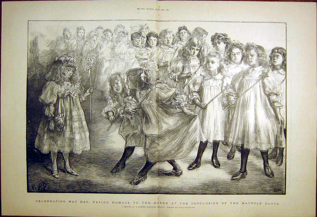 Original Old Antique Print May Day Queen Maypole Dance Children Renouard 1898
