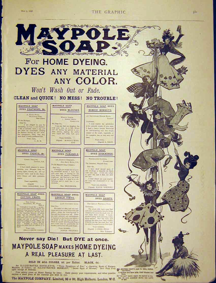 Original Old Antique Print Maypole Soap Home Dying Dyes Color 1898 Victorian