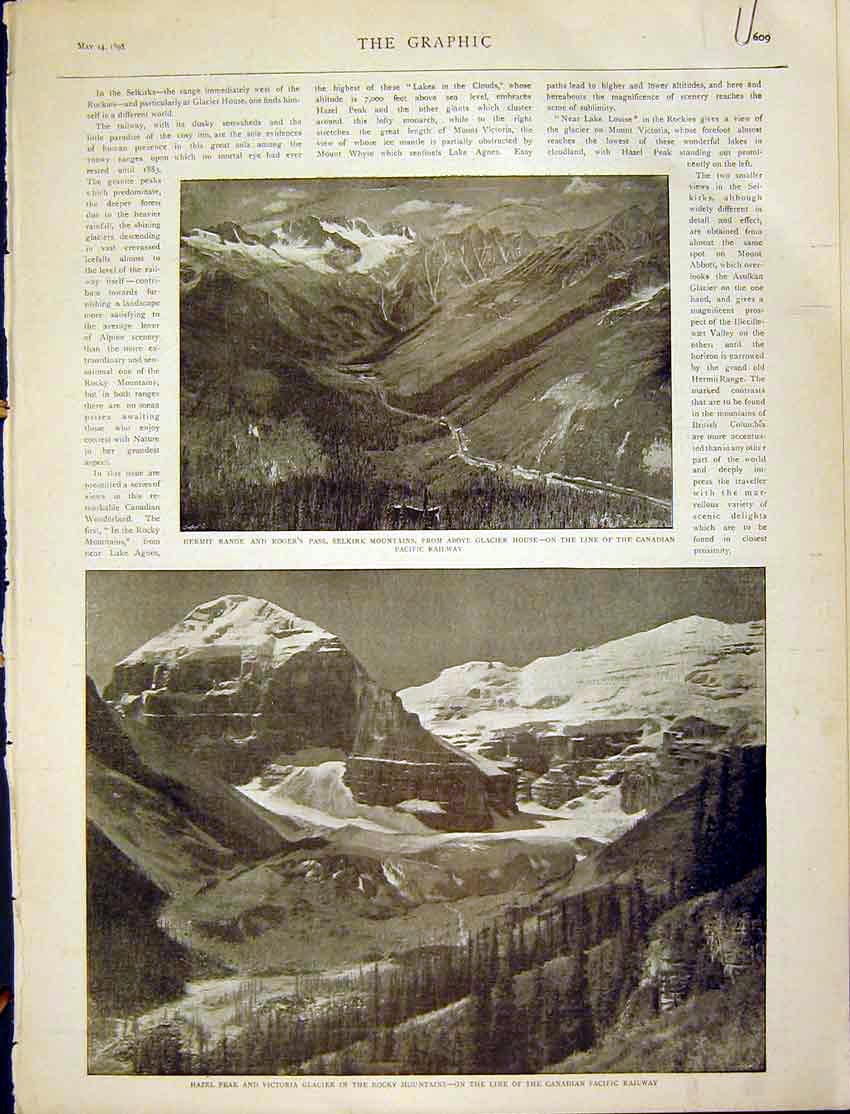 Original Old Antique Print Canadian Rockies Glacier Mountains Railway 1898 19th