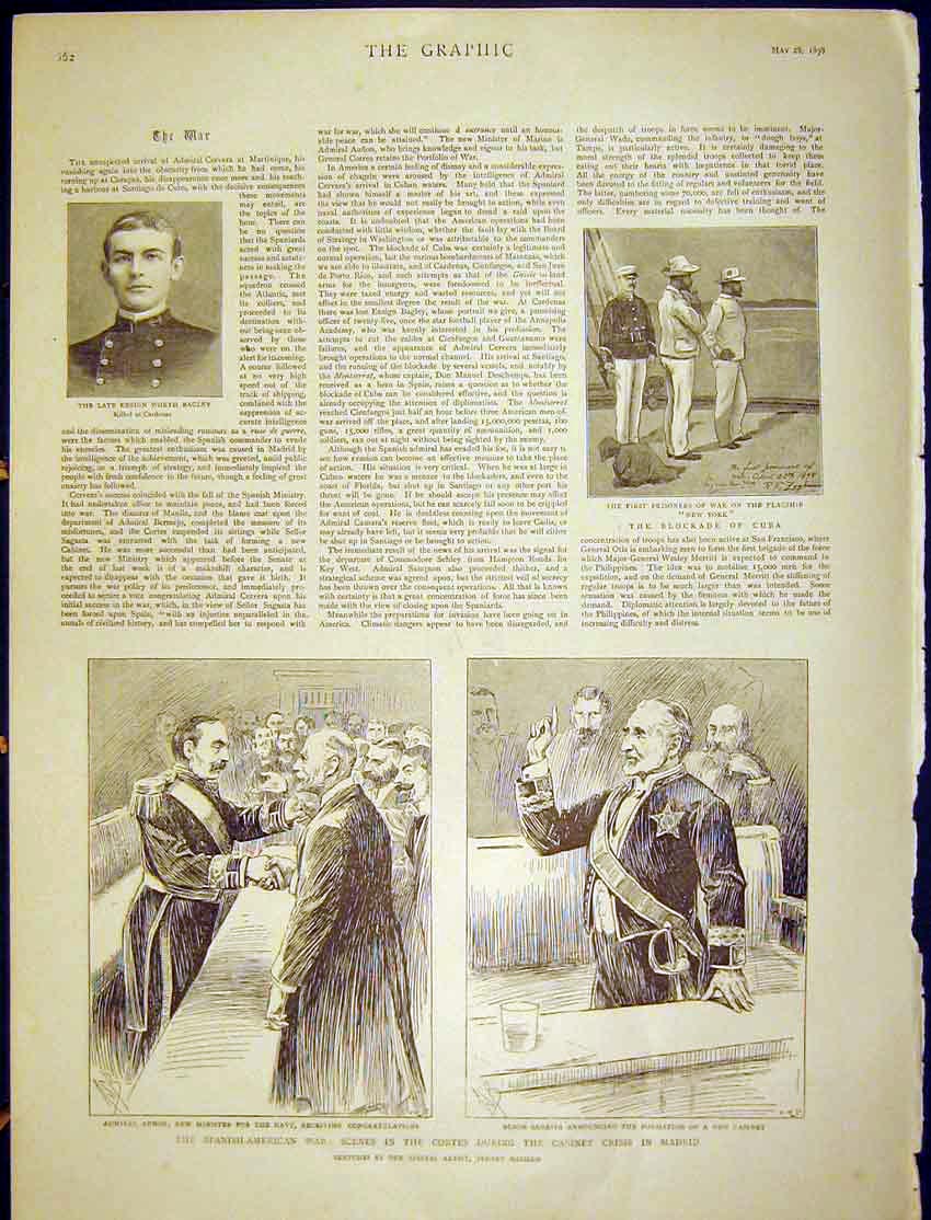 Old Antique Print Bagley Cardenas Spanish-American War Madrid Cortes 1898 19th