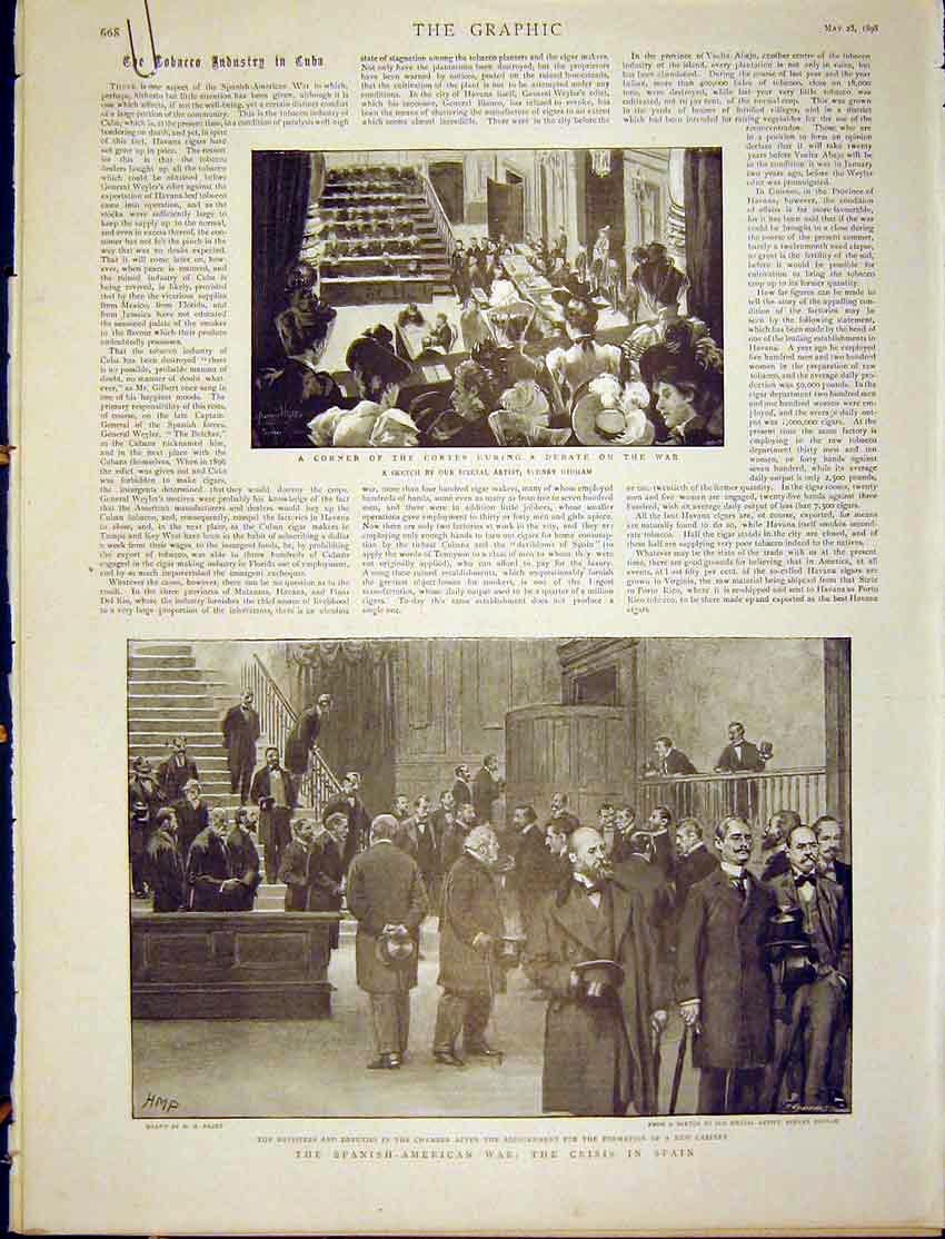 Original Old Antique Print Spanish-American War Spain Cabinet Cortes Fleet 1898