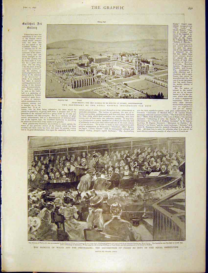 Original Old Antique Print Royal Masonic Institution Boys Prizes Freemasons 1898