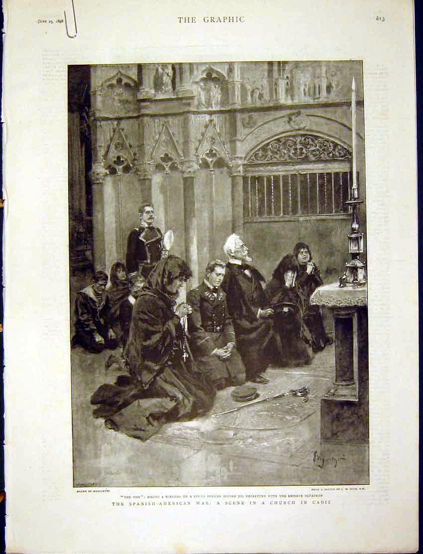 Old Antique Print Spanish-American War Church Cadiz Cervera Merrimac 1898 19th