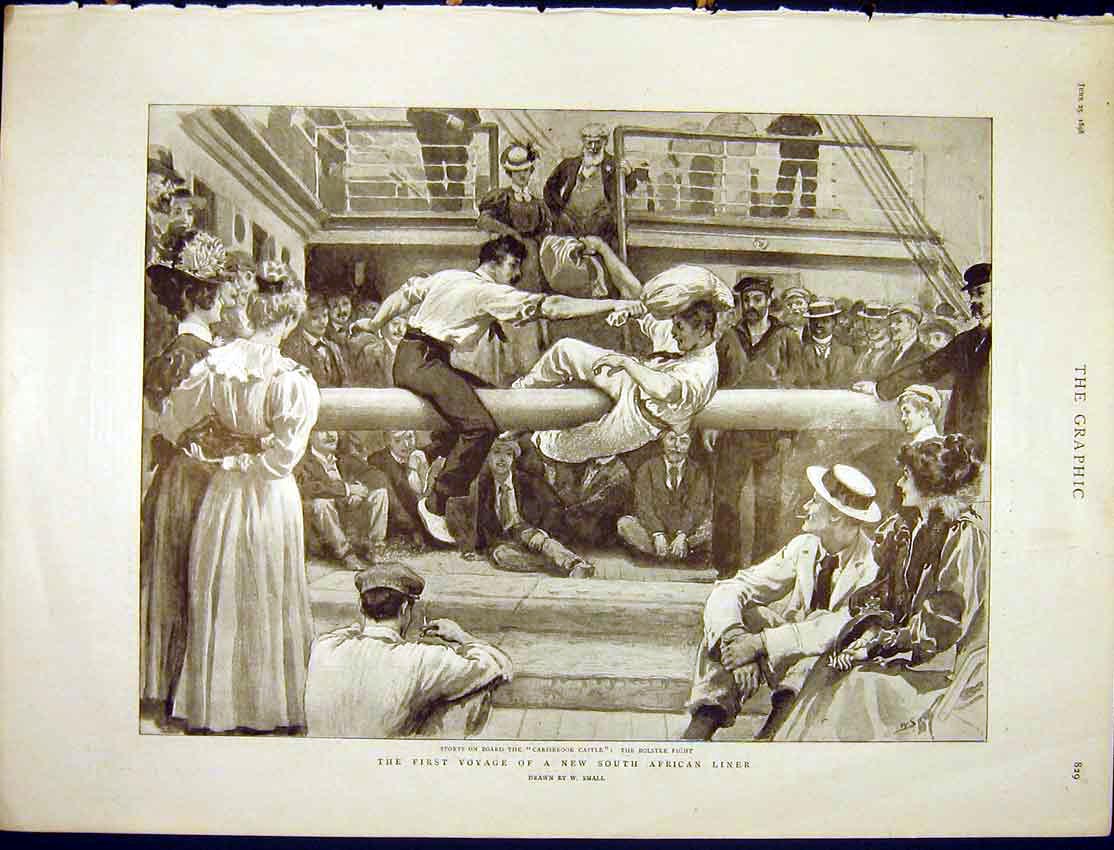 Old Antique Print Voyage South African Liner Carisbrook Castle Sport 1898 19th
