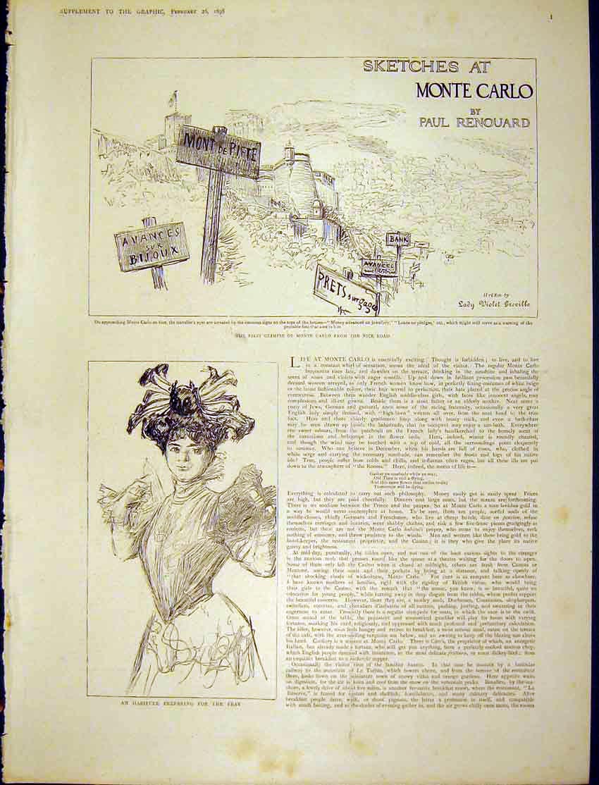 Original Old Antique Print Sketches Monte Carlo Renouard 1898 19th