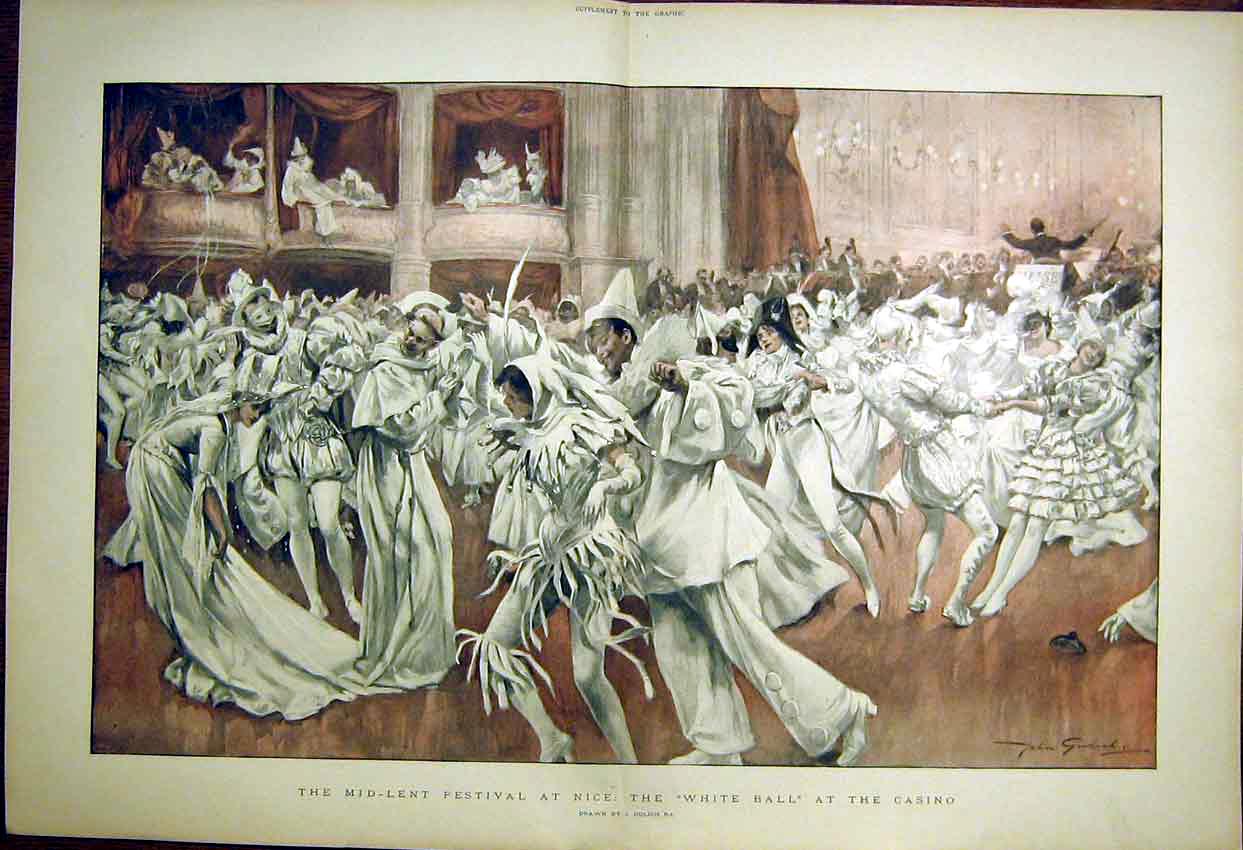 Original Old Antique Print Mid-Lent Festival Nice White Ball Casino Gulich 1898