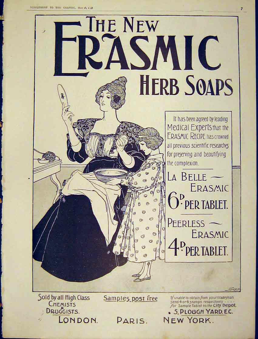 Original Old Antique Print Erasmic Herb Soap Advert Belle Peerless Tablet 1898
