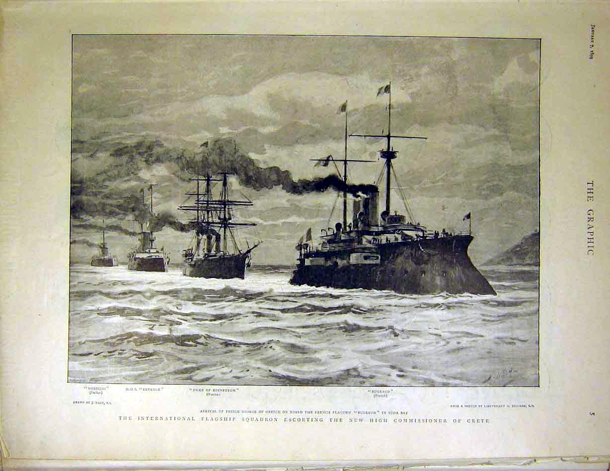 Old Antique Print Flagship Squadron High Commissioner Crete Revenge 1899 19th