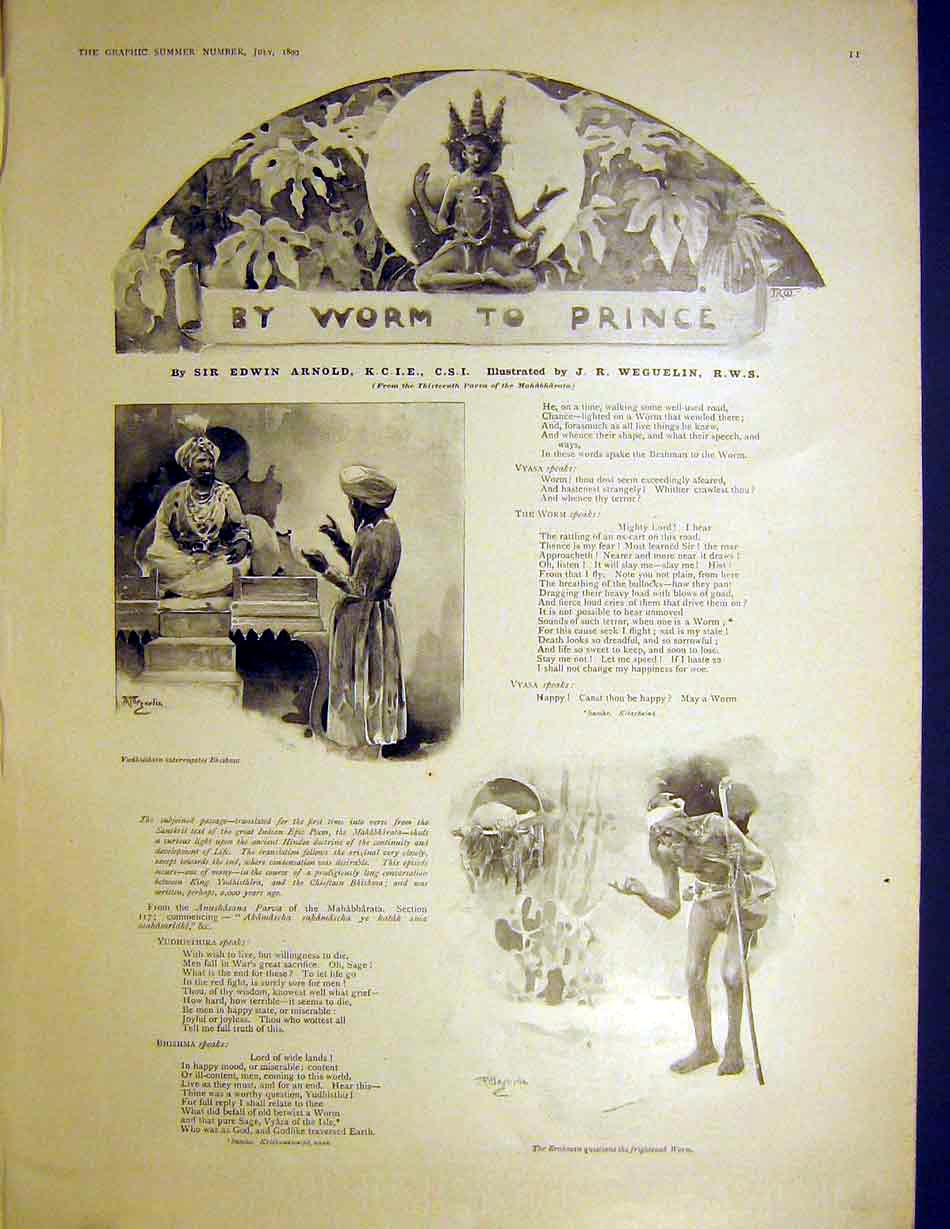 Original Old Antique Print Worm Prince ArnWeguelin Story Sketches Parva 1899