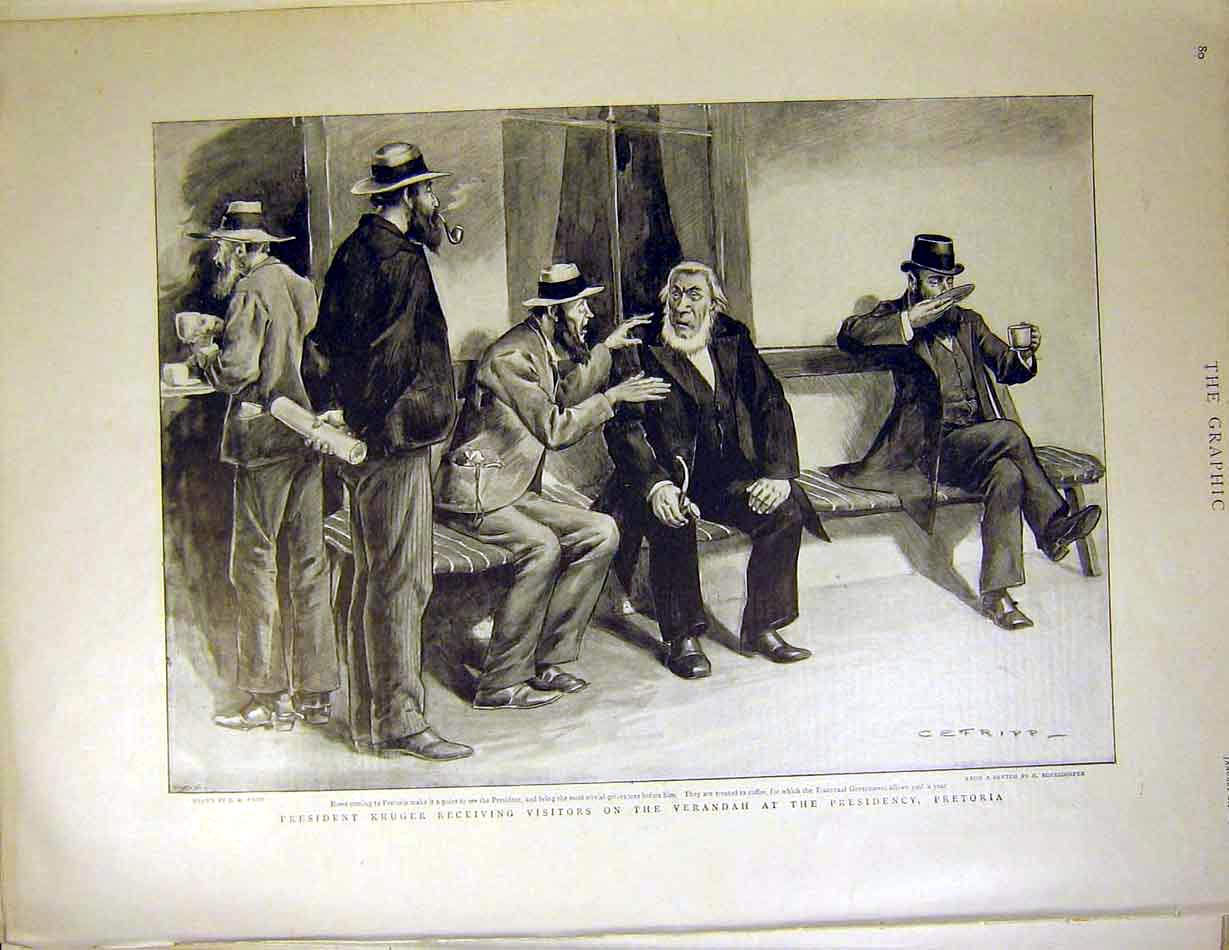 Old Antique Print President Kruger Verandah Pretoria Boer War Africa 1899 19th