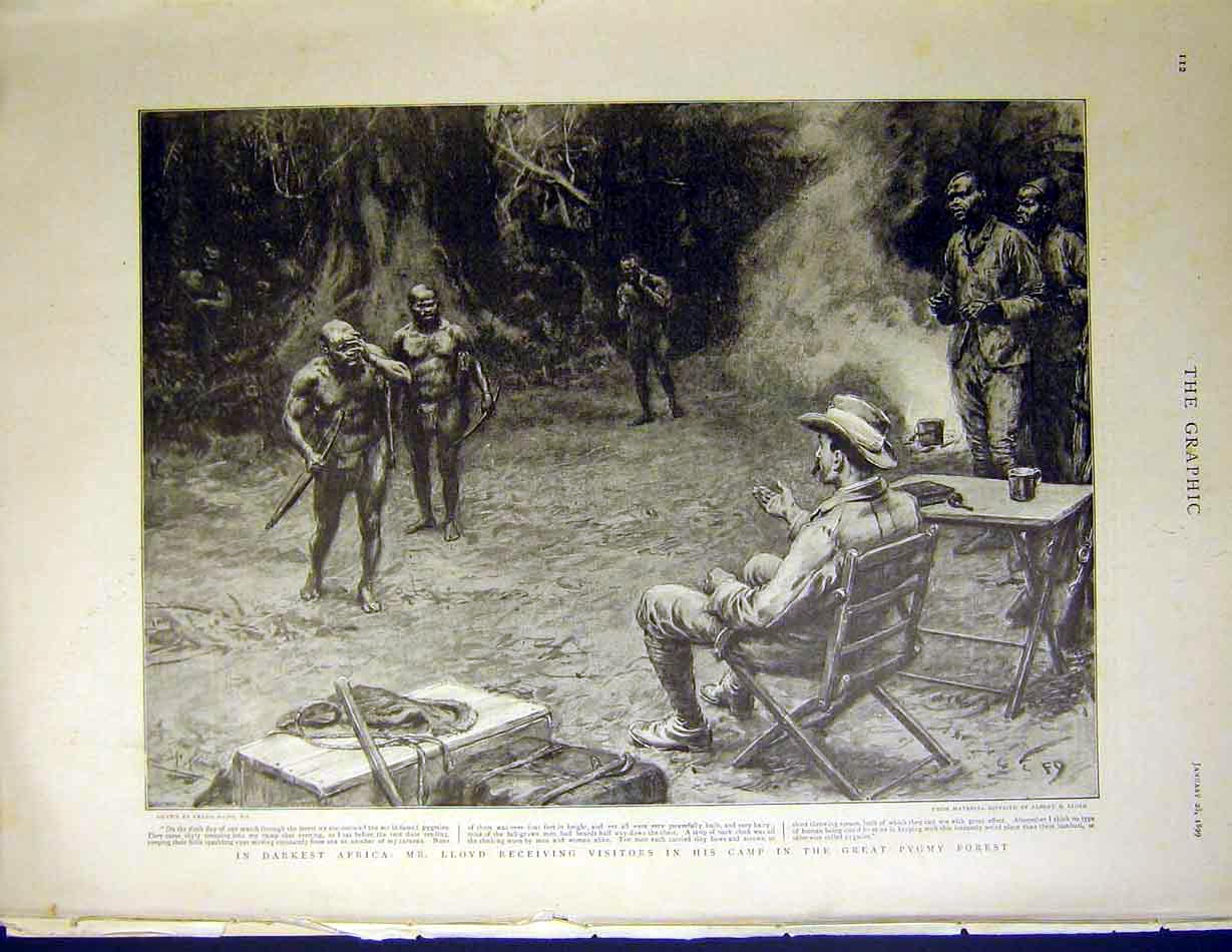 Original Old Antique Print Africa Lloyd Camp Pygmy Forest Dadd Pygmies 1899 19th