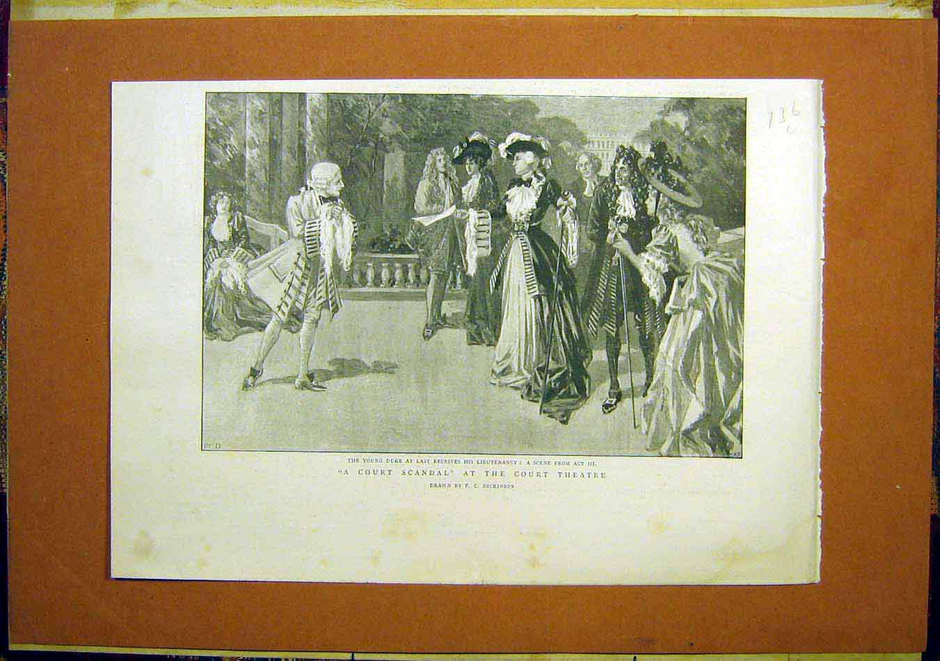Original Old Antique Print Court Scandal Theatre Duke Lieutenant Dickinson 1899