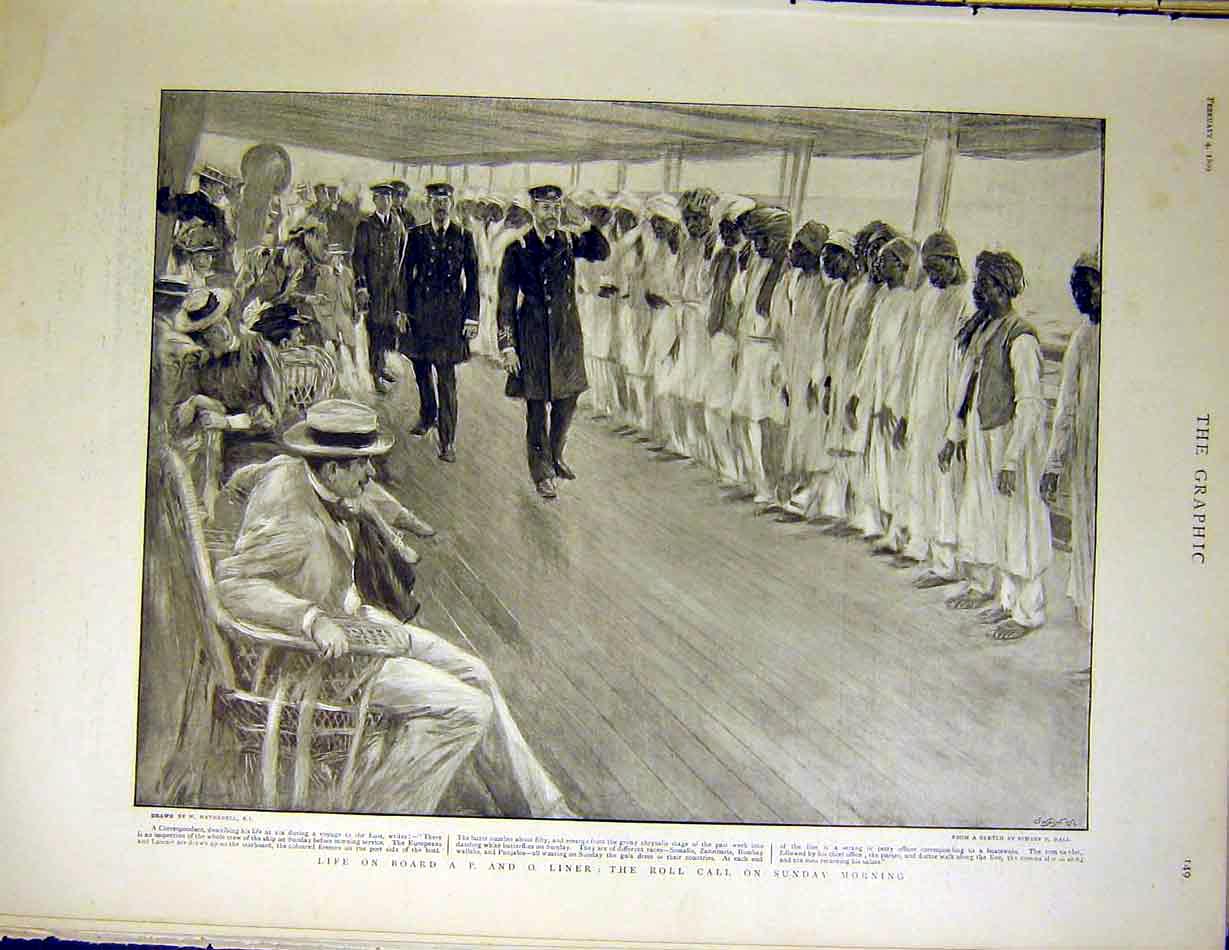 Old Antique Print P O Liner Crew Roll Call Sunday Morning Hatherell 1899 19th