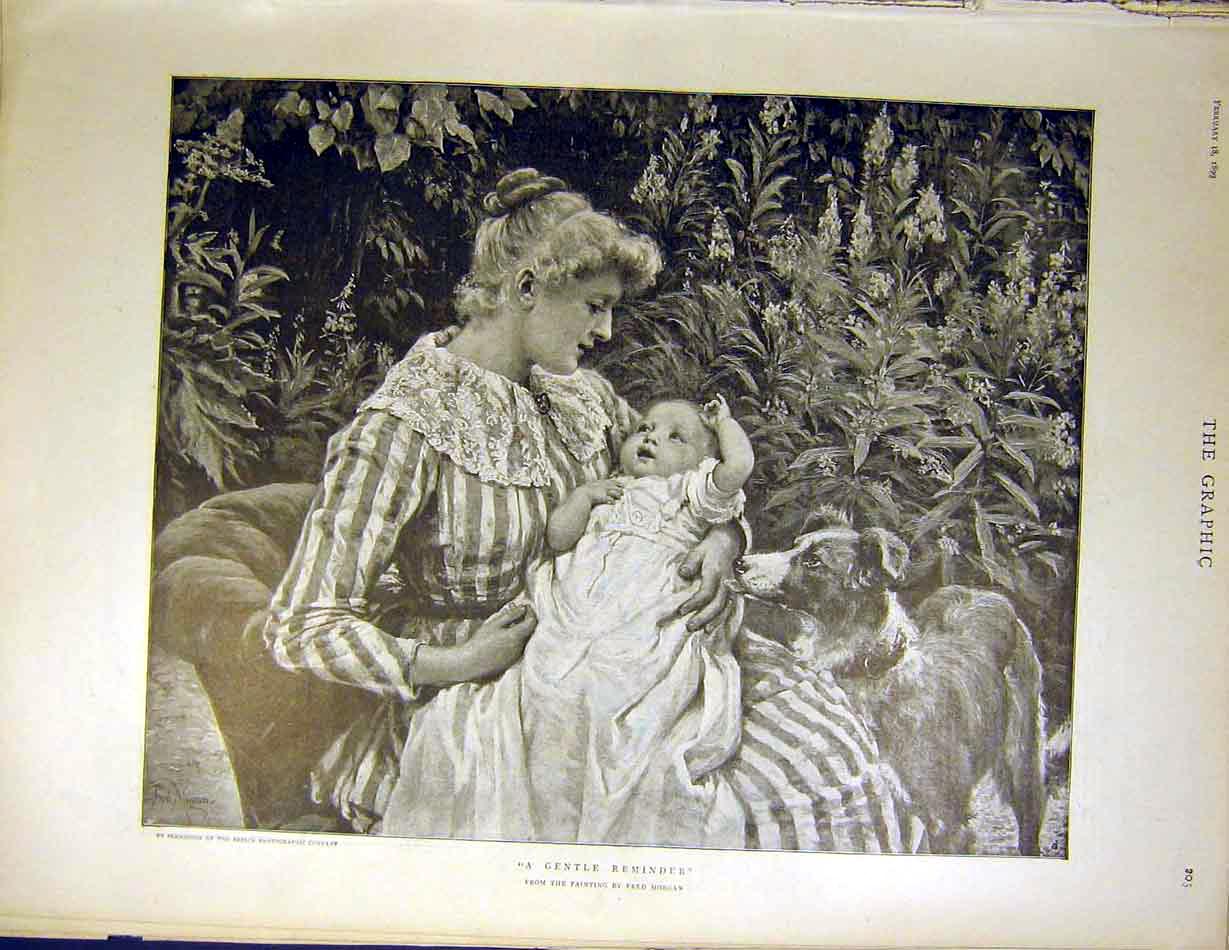 Original Old Antique Print Gentle Reminder Lady Baby Dog Garden Morgan 1899 19th