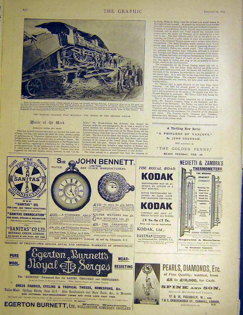 Old Antique Print Railway Brussels Wreck Express Engine Advert Kodak 1899 19th