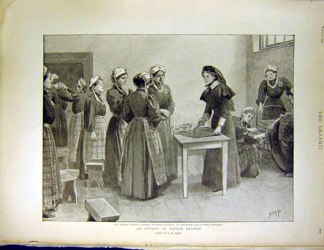 Original Old Antique Print Prison Reform Morten Women Convicts Ambulance Paget