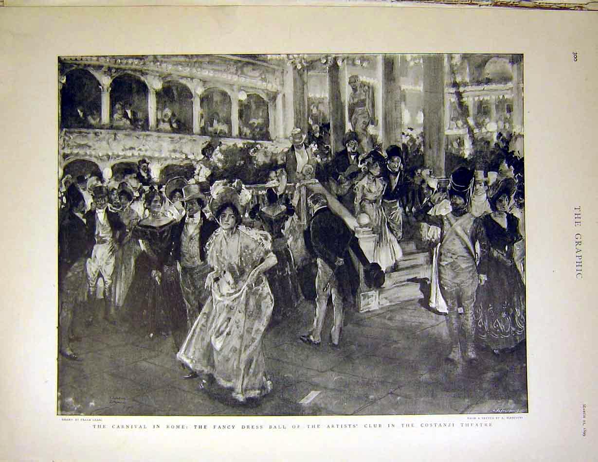 Original Old Antique Print Carnival Rome Fancy Dress Ball Artist'S Club Costanzi