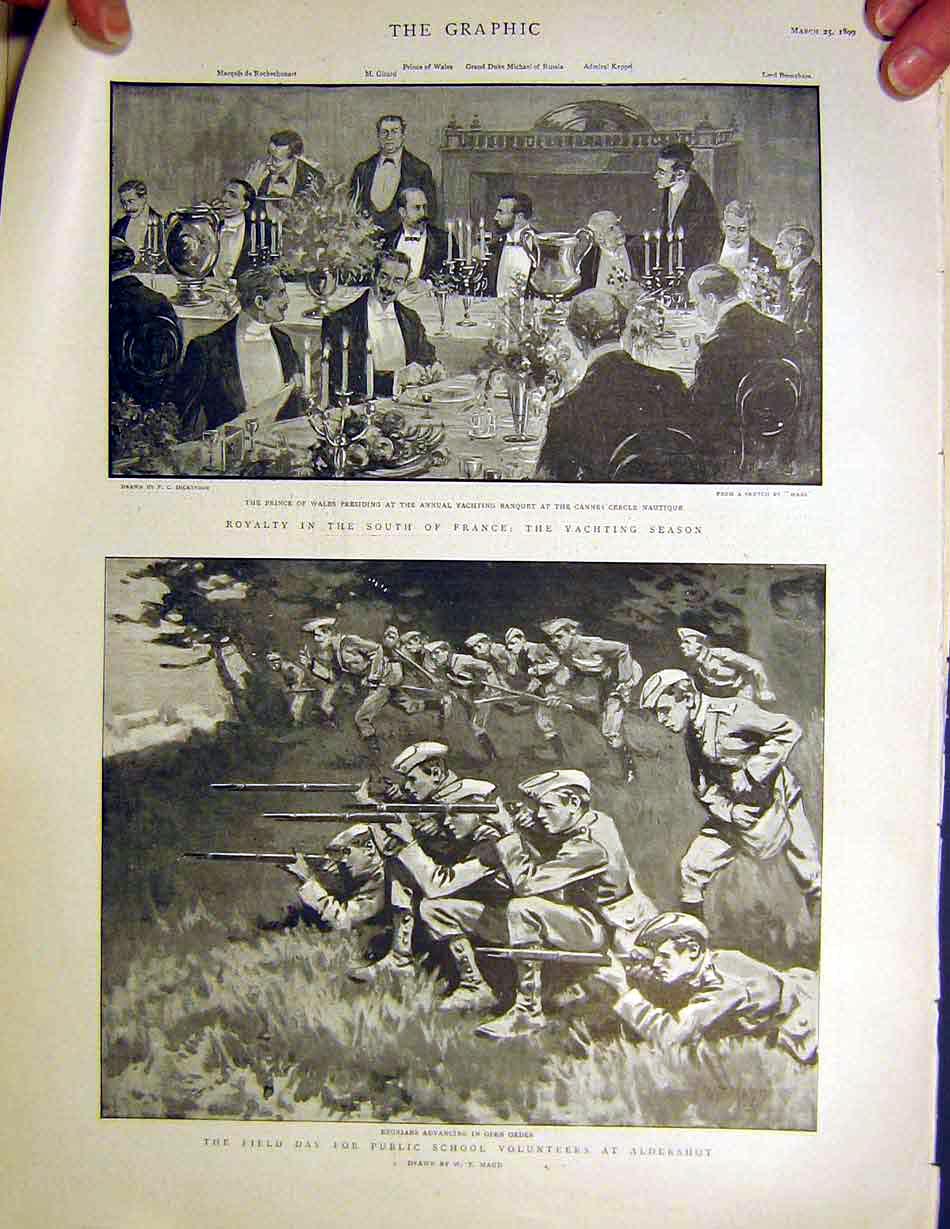 Original Old Antique Print France Royal Yacht Public School Volunteers Aldershot
