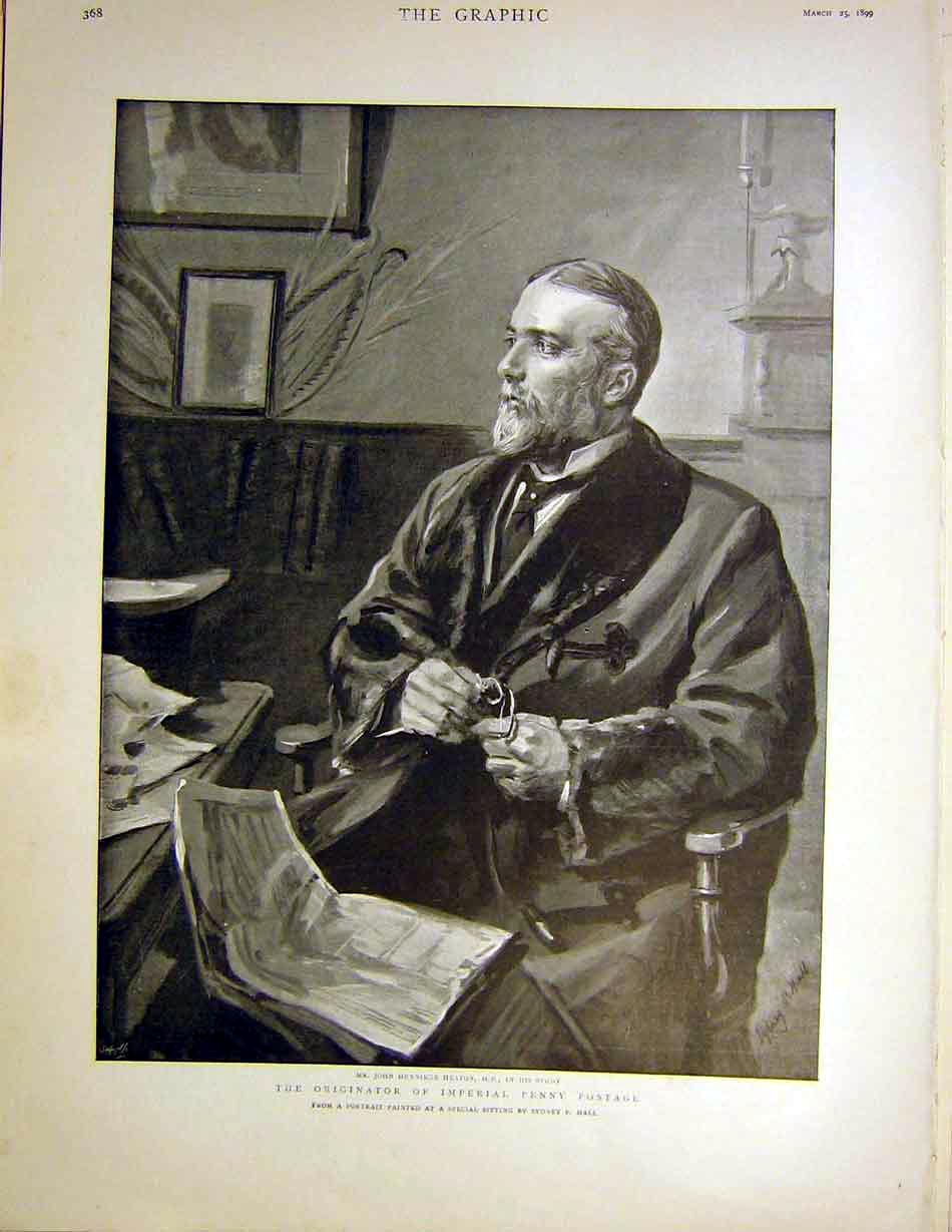 Original Old Antique Print Portrait Imperial Penny Postage Heaton Hall 1899 19th