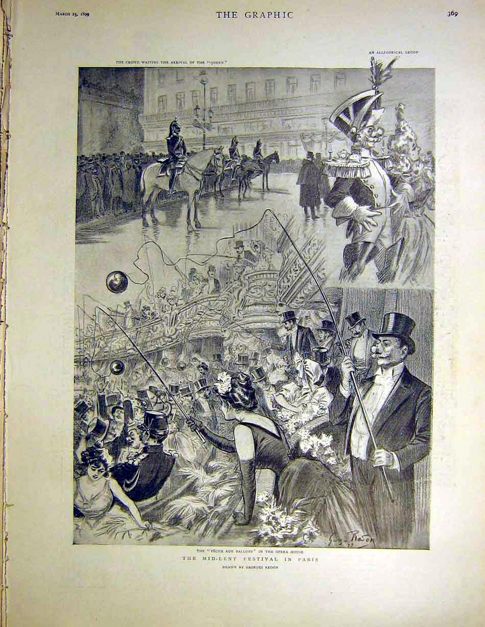 Original Old Antique Print Mid-Lent Festival Paris Peche Aux Ballons Opera 1899