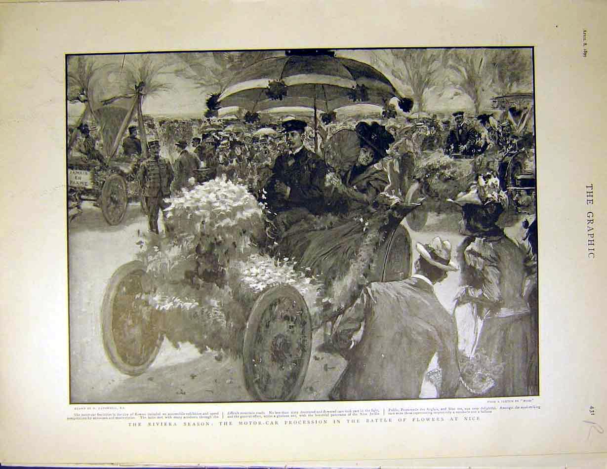 Original Old Antique Print Riviera Motor-Car Battle Flowers Nice Palm Crab 1899