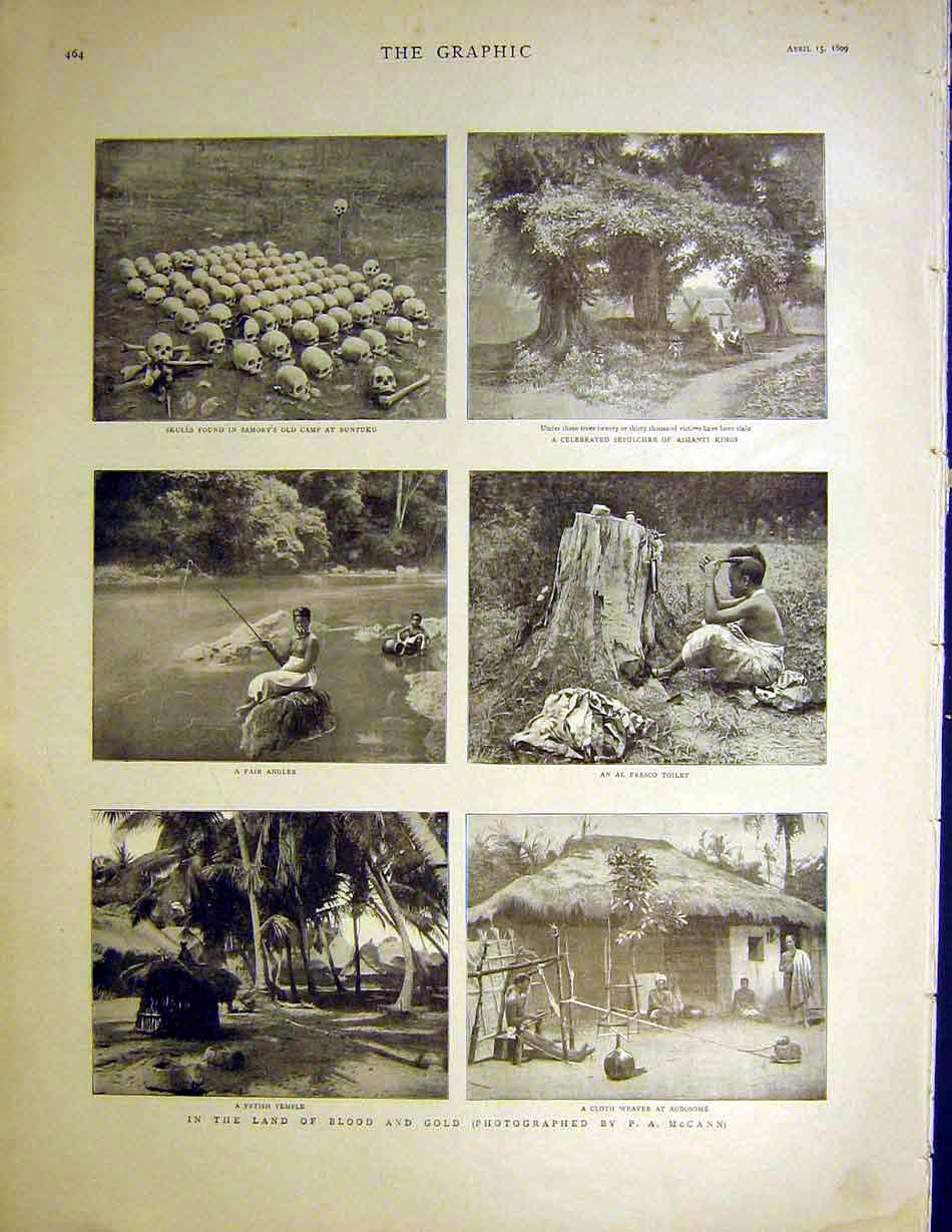 Original Old Antique Print Blood GAshanti Kings Skulls Temple Samory Agbosome