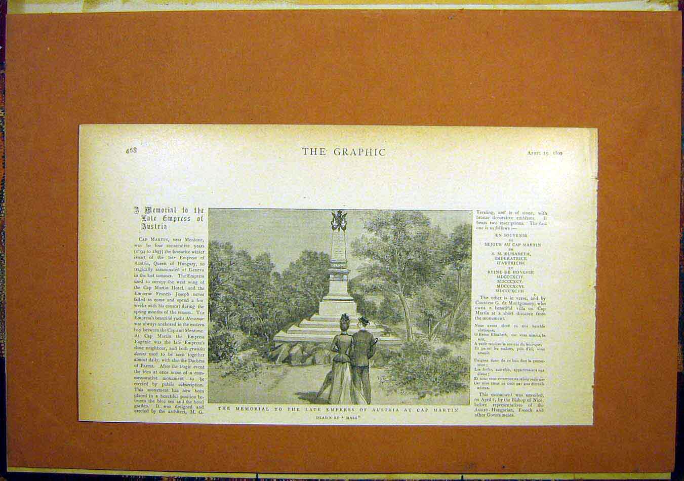 Original Old Antique Print Memorial Empress Austria Cap Martin Mars 1899 19th