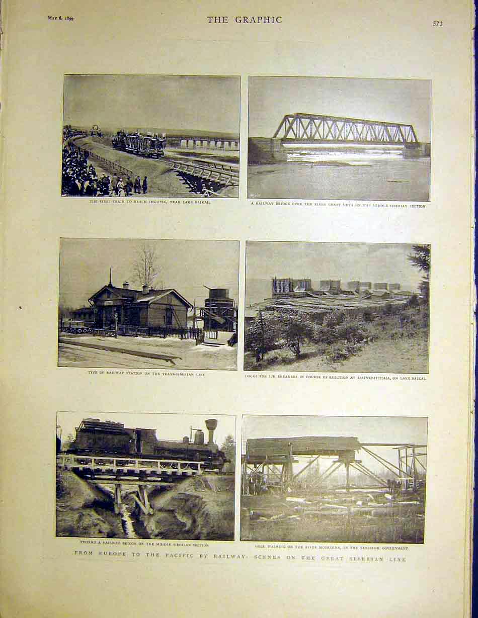 Original Old Antique Print Railway Irkutsk Trans-Siberian Bridge GScenes 1899