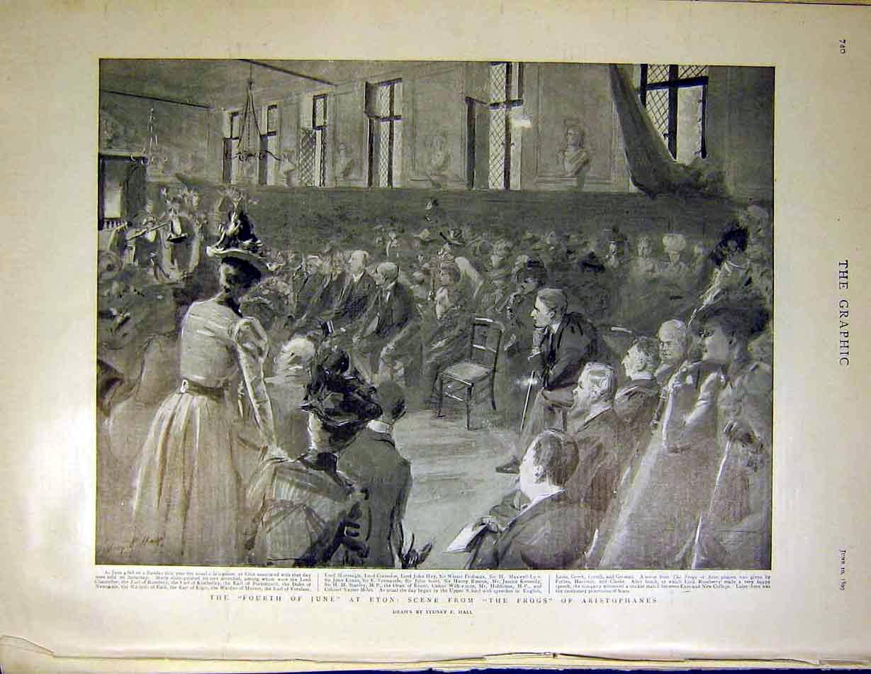 Original Old Antique Print Eton Frogs Aristophanes Hall Theatre Fourth June 1899