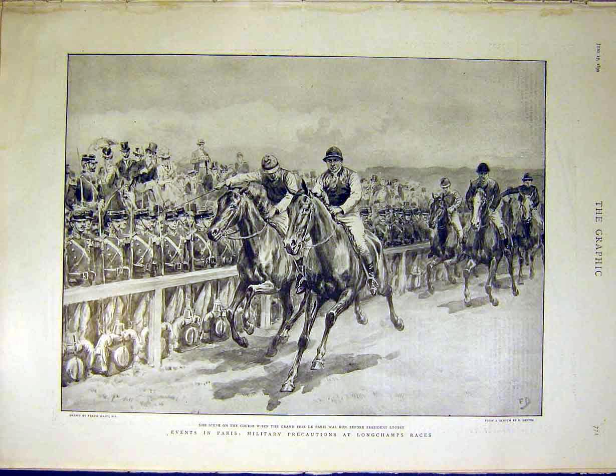 Original Old Antique Print Paris Military Longchamps Races Loubet Dadd 1899 19th