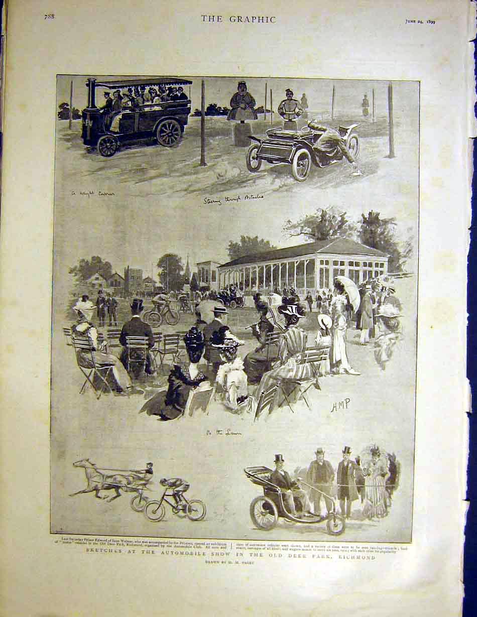 Old Antique Print Sketches Automobile Show Deer Park Richmond Paget 1899 19th