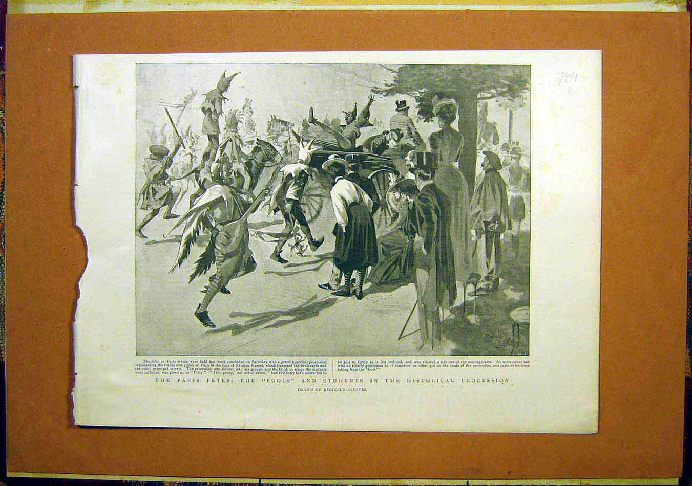 Original Old Antique Print Paris Fete Fools Students Historical Procession 1899