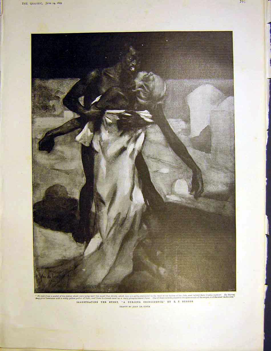 Original Old Antique Print Benson Curious Coincidence Story Illustration Costa