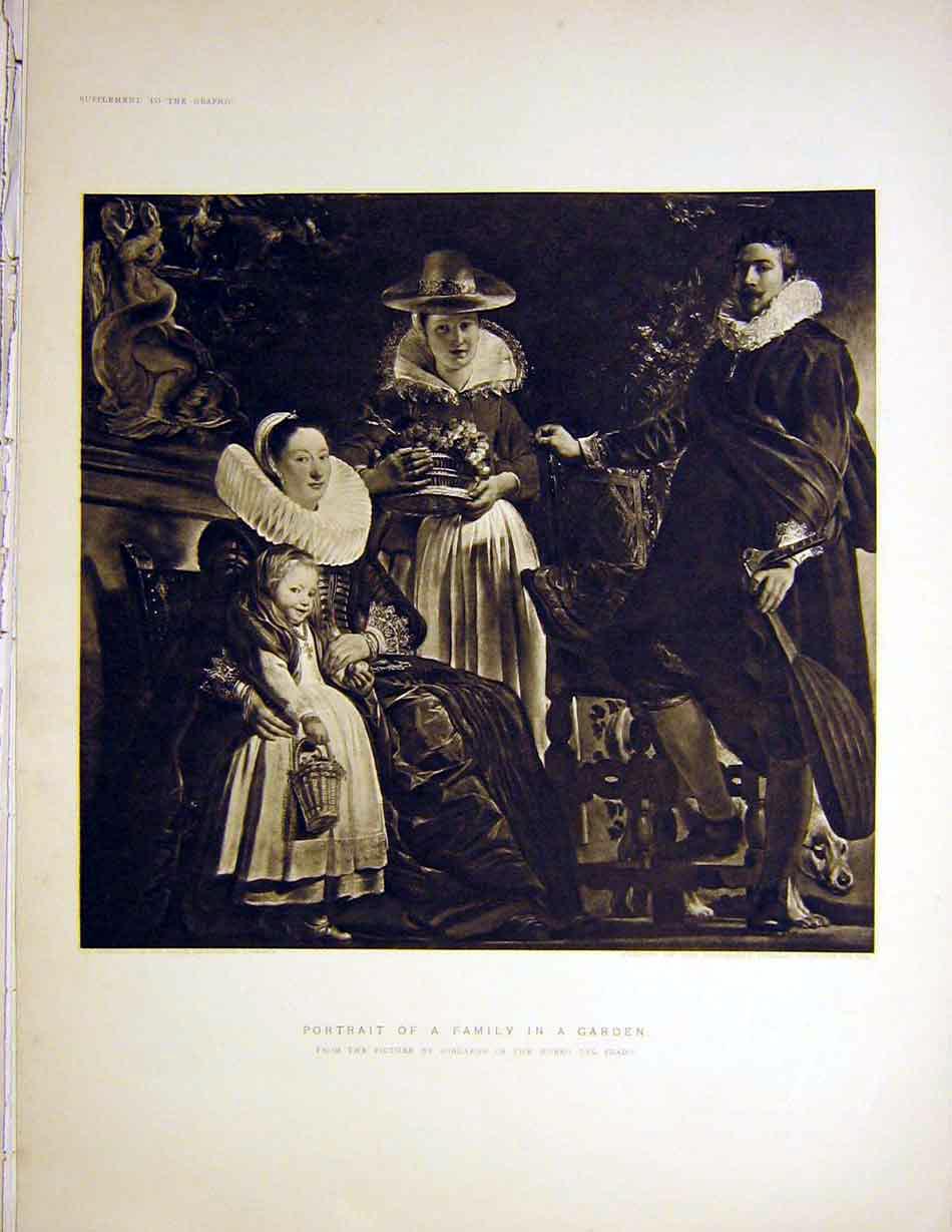 Original Old Antique Print Portrait Family Garden Jordaens Museo Del Prado 1899
